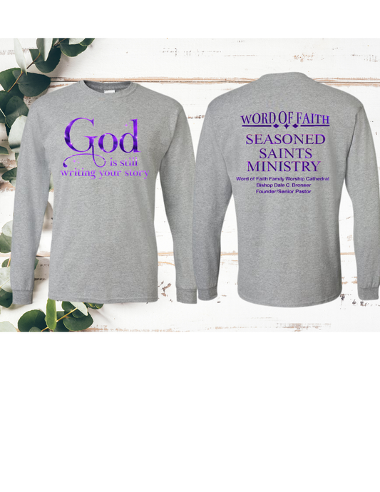 Grey Seasoned Saints Long Sleeve Shirt with purple metallic writing