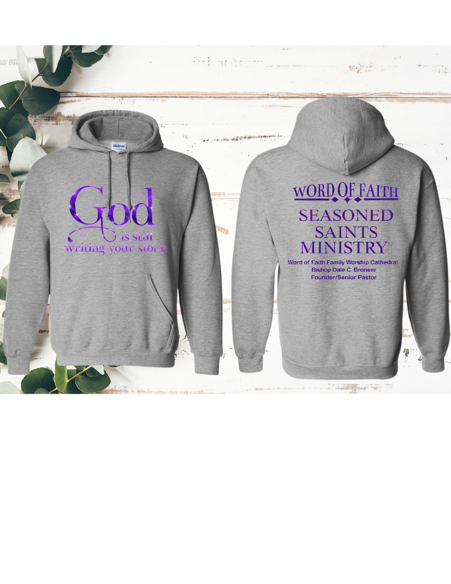 Grey Seasoned Saints Hoodie with Purple Metallic Writing