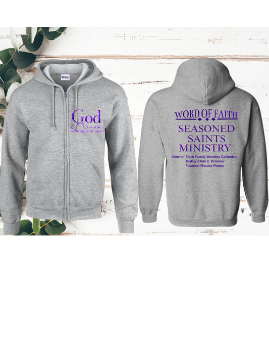 Grey Seasoned Saints Zip  Hoodie Purple Metallic Writing