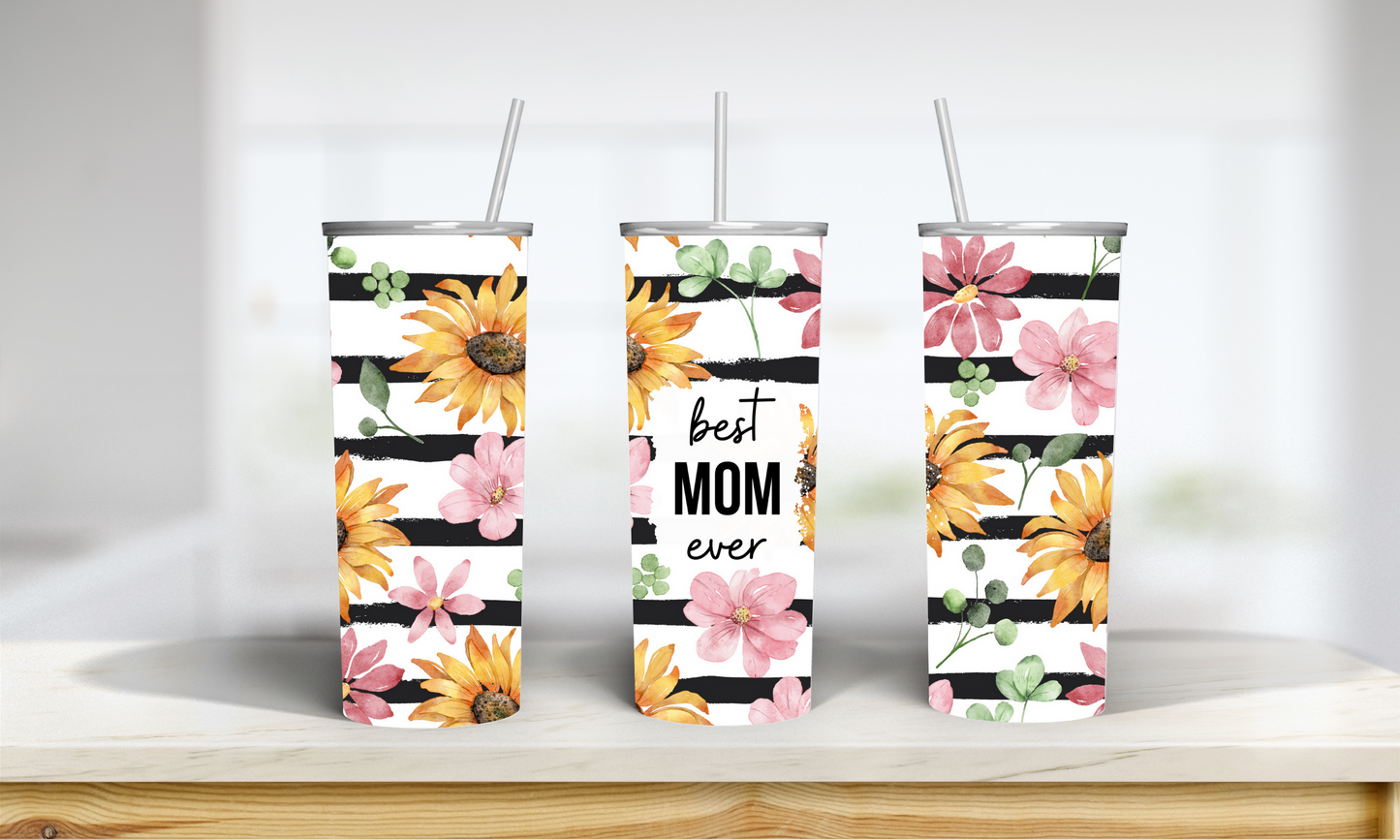Best Mom Ever Tumbler with Stripes and Flowers