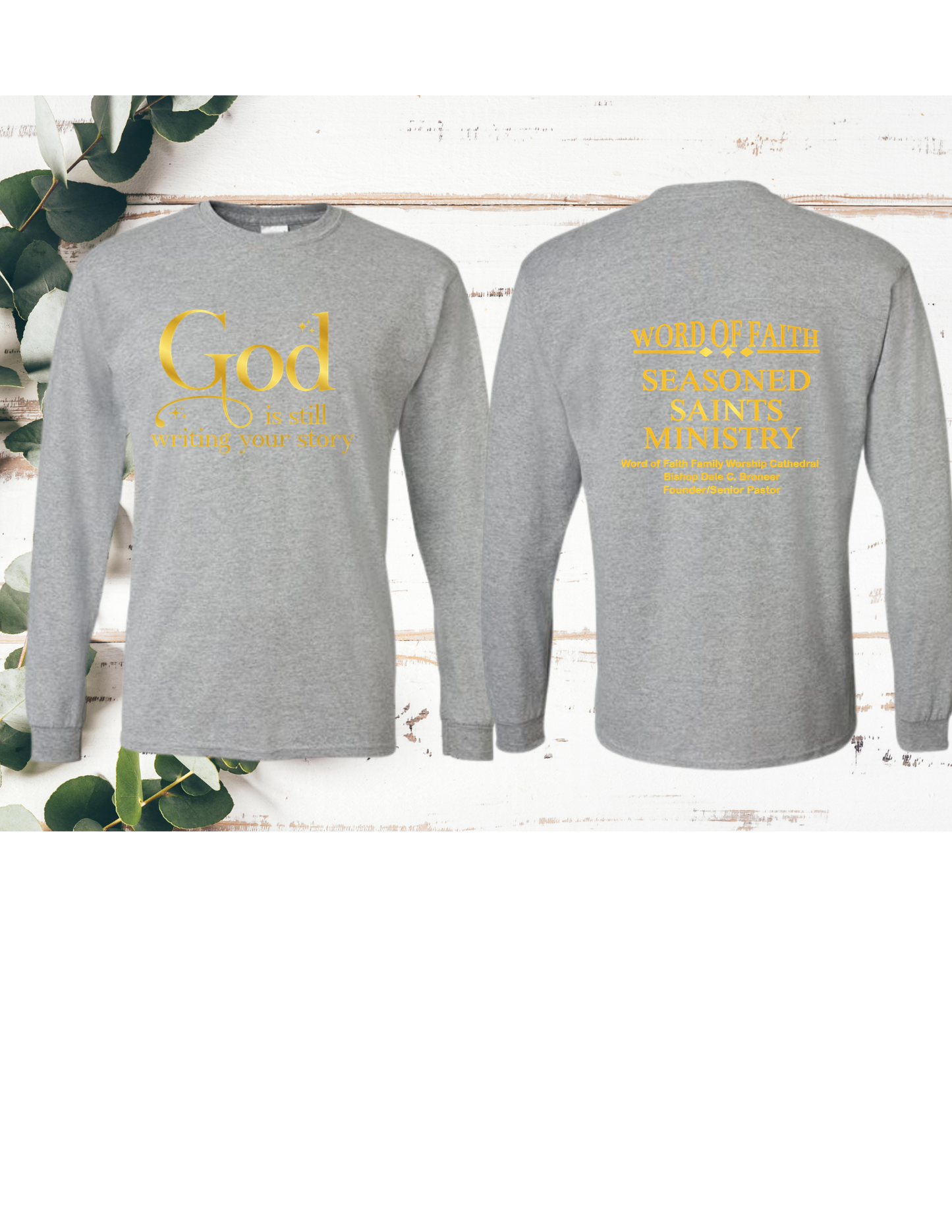 Grey Seasoned Saints Long Sleeve Shirt with metallic writing